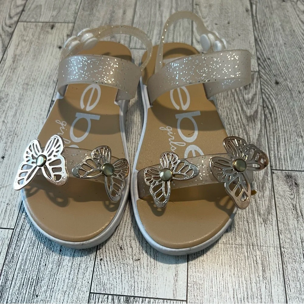 bebe Girl's Rose Gold Butterfly Jelly Sandals Size L 9/10 Snap On